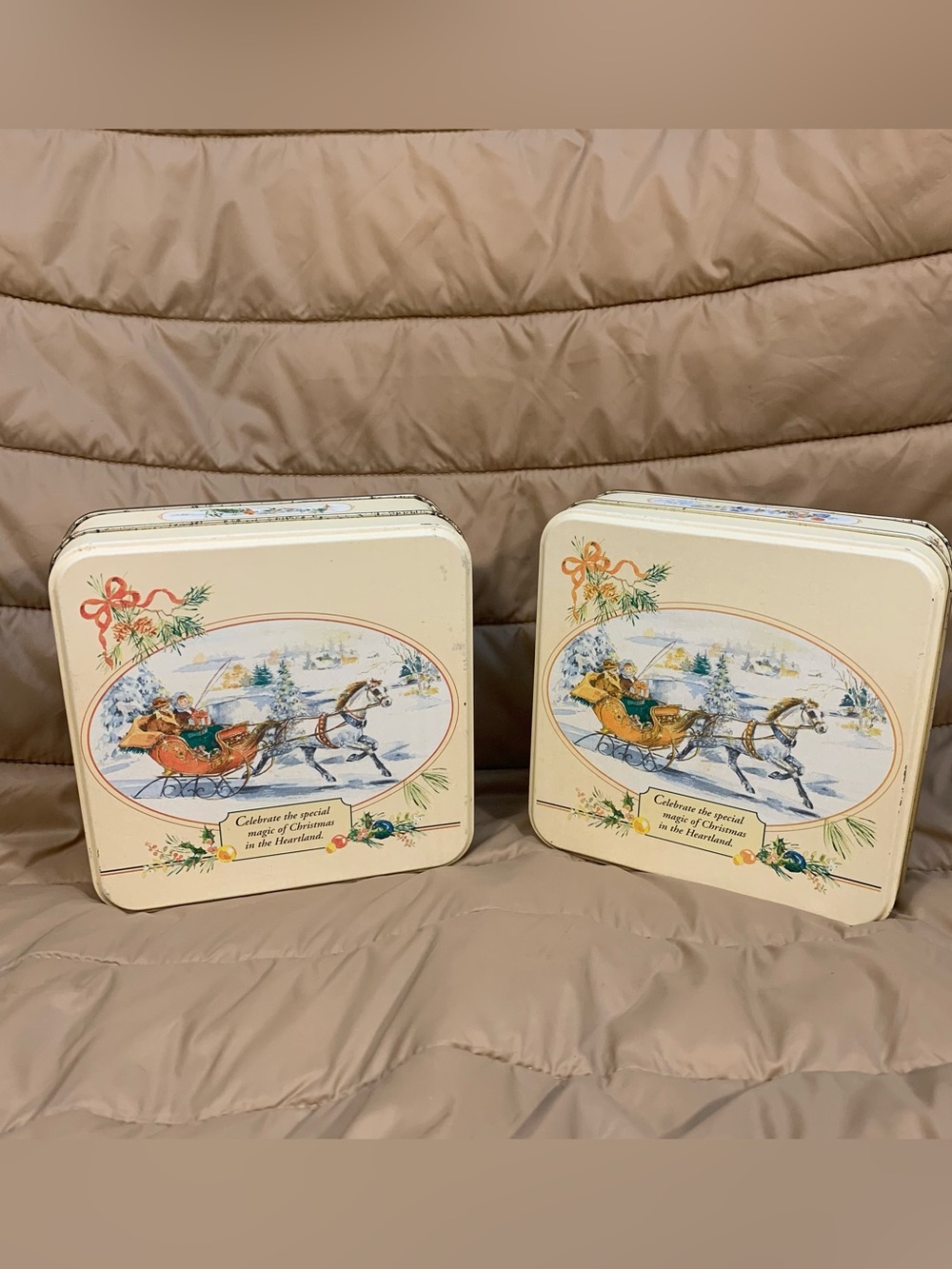 Vintage Swiss Colony Christmas Tin Set - Cream with Festive Winter Sleigh Scene